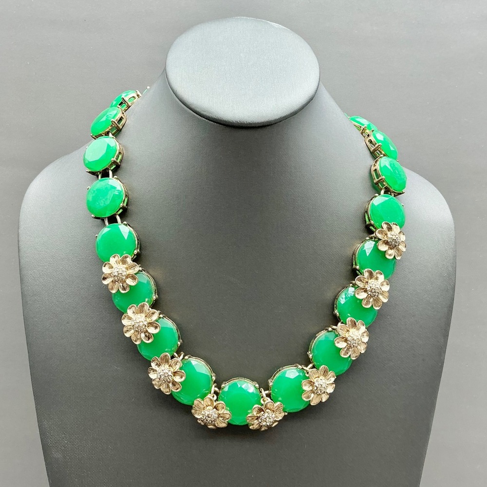 Talbots Necklace Womens Green Gold Tone Floral Faux Stone Statement Jewelry